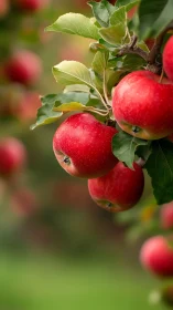 Red apples hang on a leafy tree branch in soft natural light