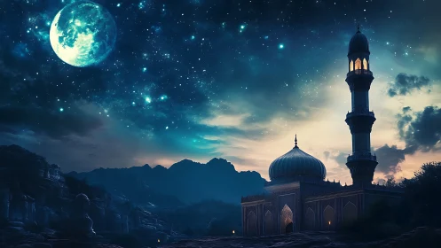 Moonlit mosque beneath dreamy stars and quiet mountains.
