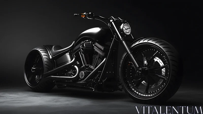 Stealth black custom chopper motorcycle on dark studio floor.