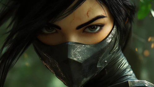 Masked female assassin portrait with intense green gaze.