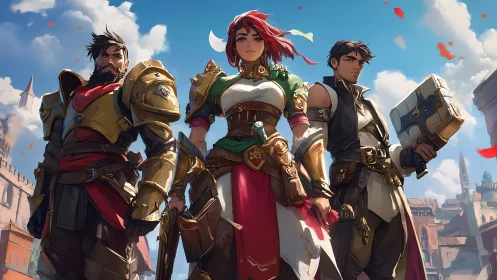 Trio of fantasy warriors in ornate armor under bright sky