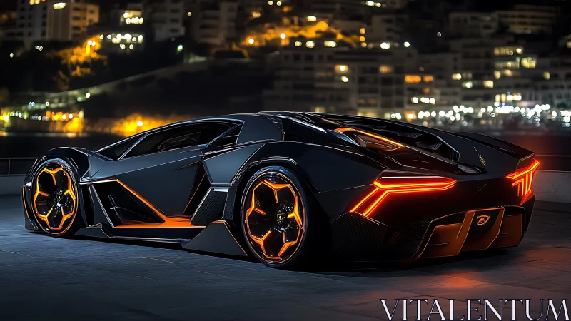 Futuristic sports car render is parked in a coastal city