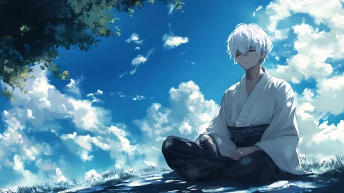 White-haired monk meditates under luminous summer sky.