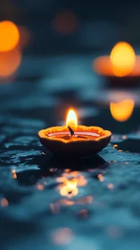 Shallow depth-of-field captures single floating diya on wet surface