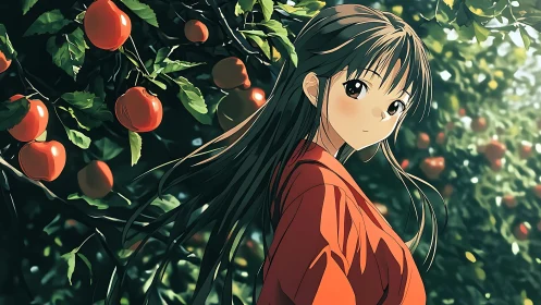 Female figure in red garment within dense apple orchard scene.