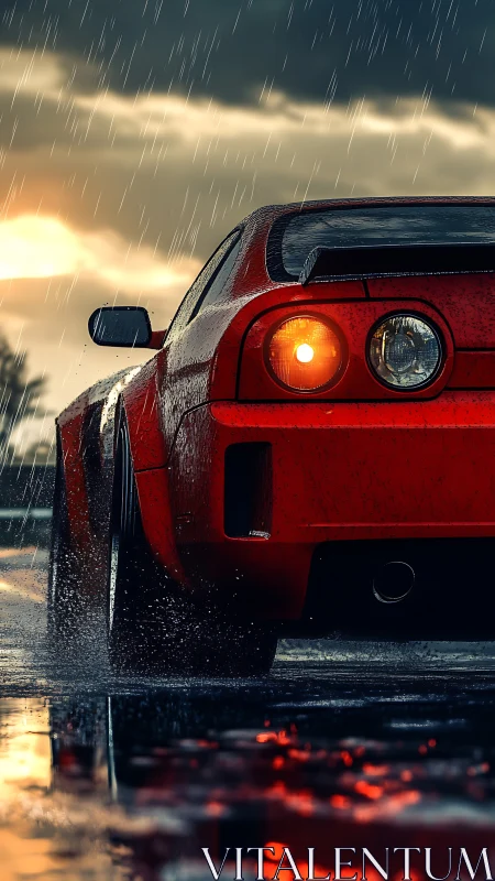 Stormlit red sports car roaring through rain and reflection.
