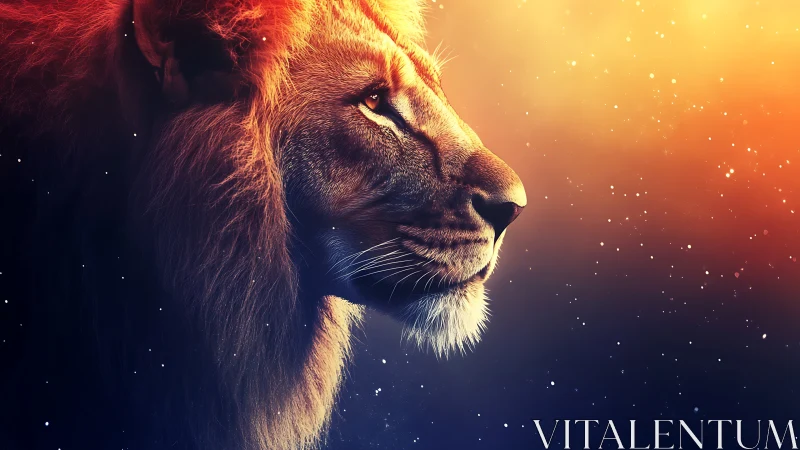Starlit lion gaze burning through a cosmic dusk horizon.