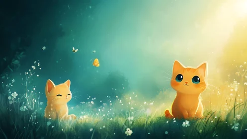 Luminous Pastoral Composition: Two Anthropomorphic Cats in Botanical Setting.