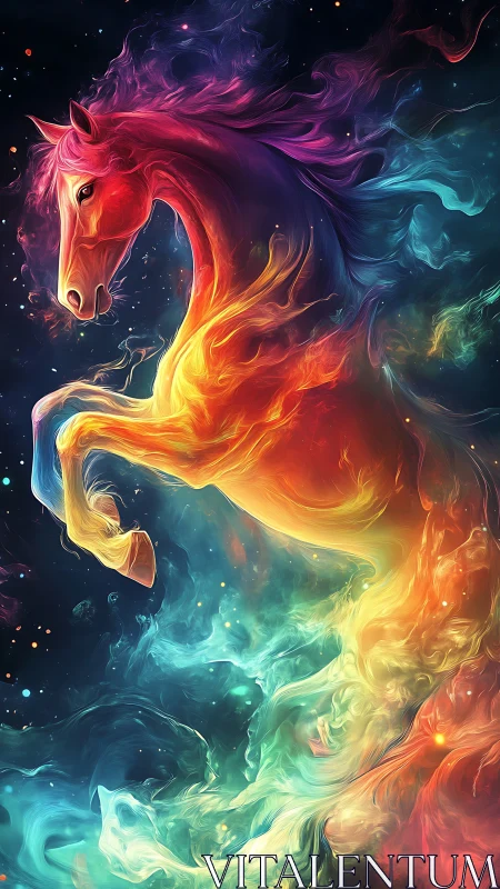 Digital painting of a cosmic nebula horse in prismatic flames.