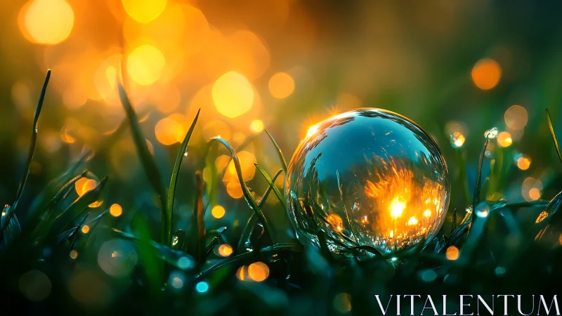 Glowing glass sphere resting in vivid dewy grass at dawn