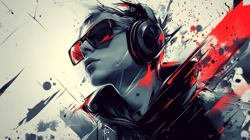Digital DJ portrait with red splatter energy bursts.