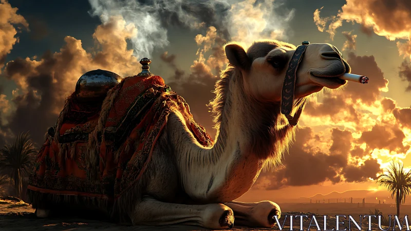 Sunset desert camel lounges calmly under glowing clouds