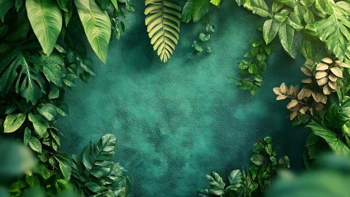 Green textured wall framed by dense tropical foliage.