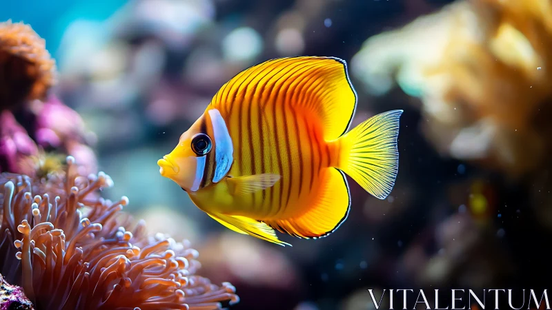 Vibrant yellow reef fish glides through colorful corals.