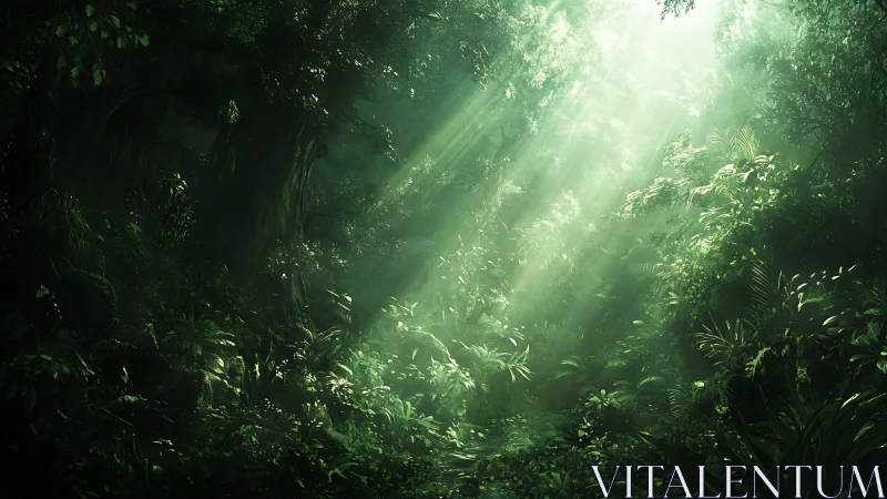 Dense tropical rainforest canopy illuminated by volumetric god rays through dense vegetation