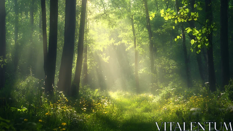 Sunbeams in a Lush Green Forest, Serene Nature Scene.