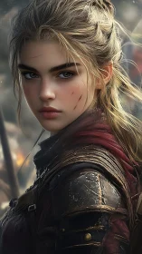 Battle-scarred young warrior stands in smoked battlefield mist