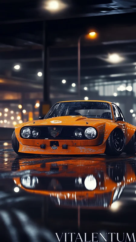 Orange lowered race car sits on wet asphalt at night