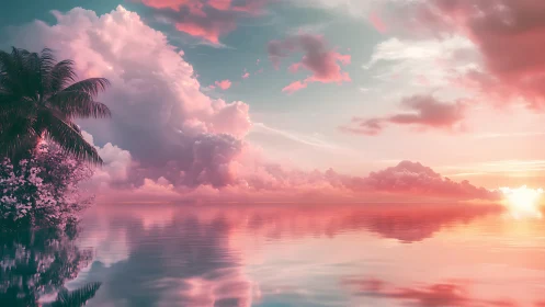 Dreamy tropical shoreline glows under a soft pastel sunset