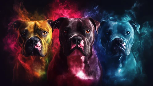 Three digitally rendered dogs lit by colored smoke effects