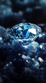 Blue brilliant-cut diamond on faceted gemstone bed.