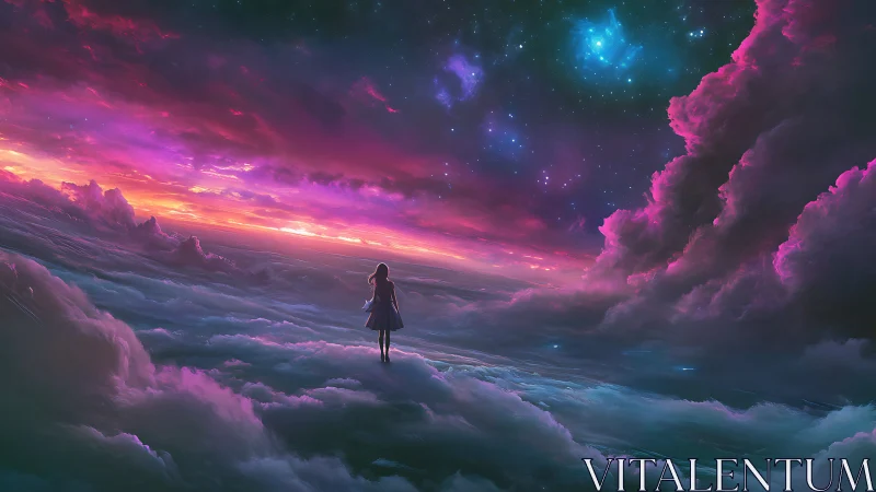 Dreamy girl gazes across glowing clouds toward a cosmic sky