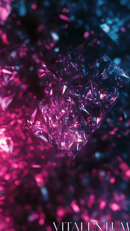 Glowing crystal cluster shimmers in neon pink and blue light