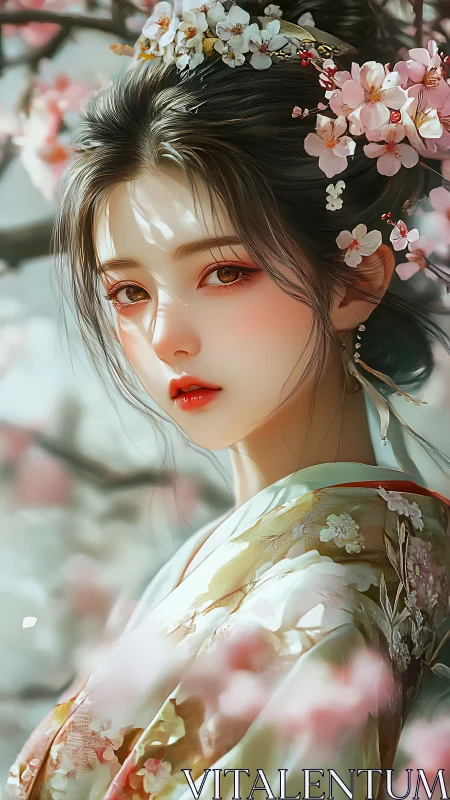 Blossom-crowned gaze amid drifting petals of springtime hush.