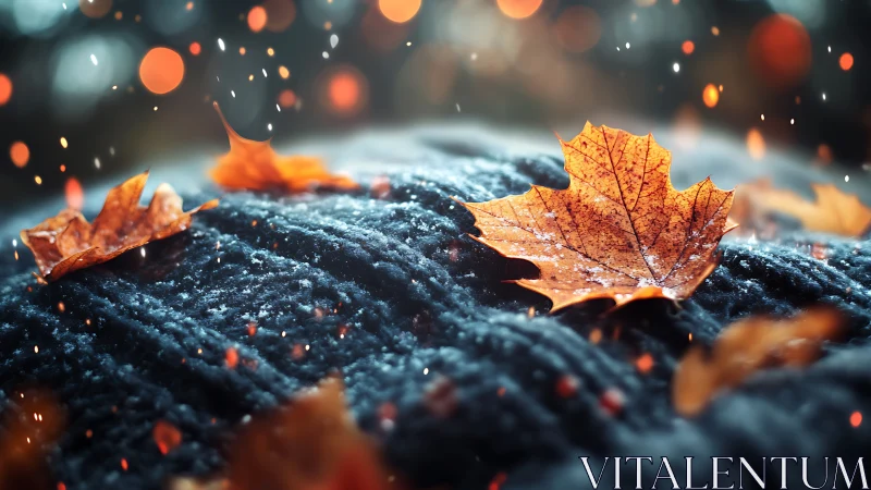 Maple leaves on textured surface under shallow depth of field.