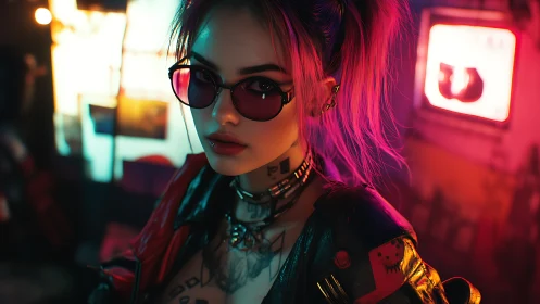Cyberpunk portrait of woman in neon-lit urban interior.