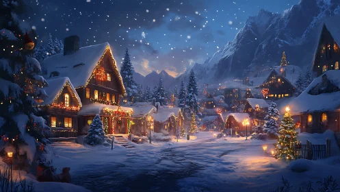 Snow-covered alpine village glowing with festive winter lights.