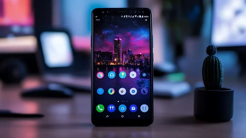 Android Smartphone with Night City Wallpaper and App Icons.