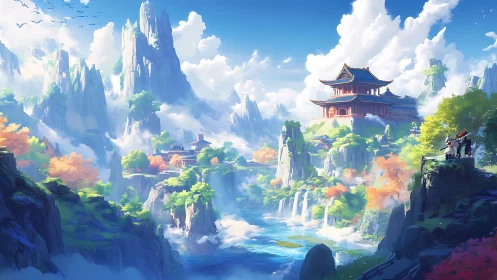 Fantasy mountain temple over waterfalls and misty valley.