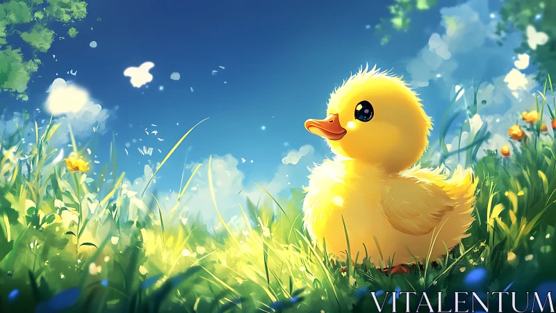 Sunlit duckling daydream in luminous spring meadow.