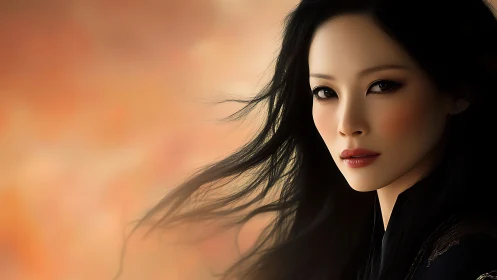 Windborne gaze of a midnight muse against ember clouds.