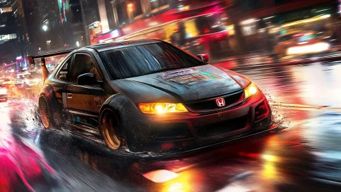 Tuned Honda street racer slicing through neon city rain.