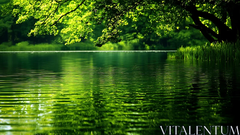 Tranquil green lake with overhanging branches in natural sunlight.