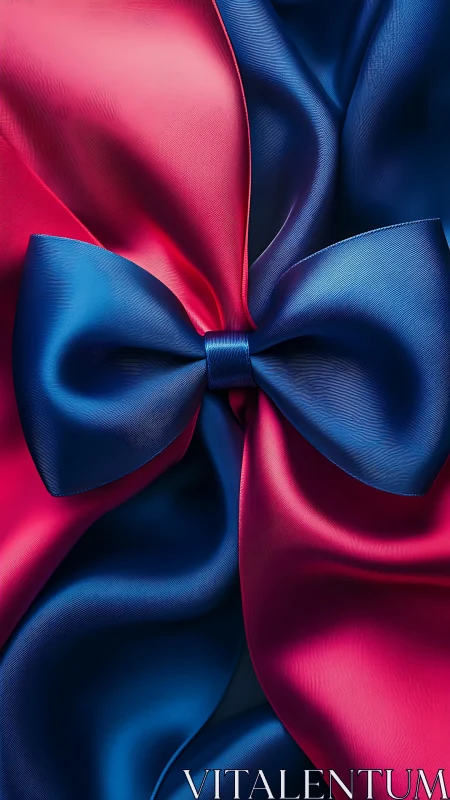 High-sheen satin bow in intertwined magenta and cobalt ribbons