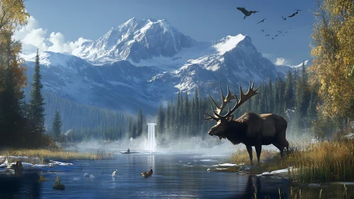 Stag of the Silent Falls beneath snow crowned mountains.