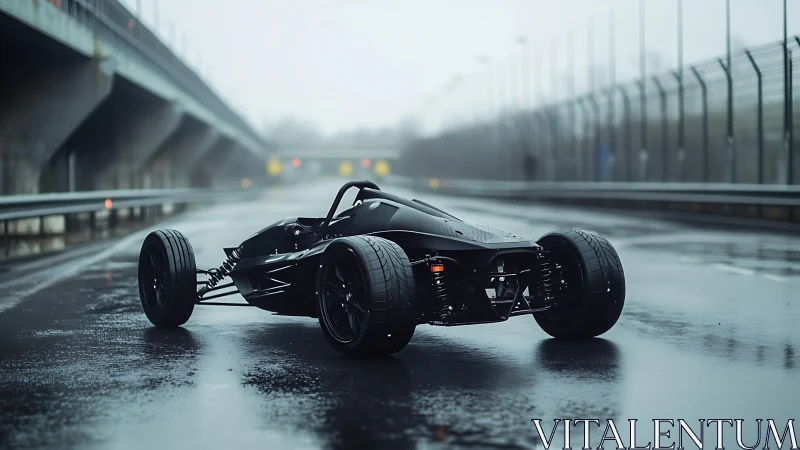 Low-slung track car on wet urban roadway, cinematic framing.