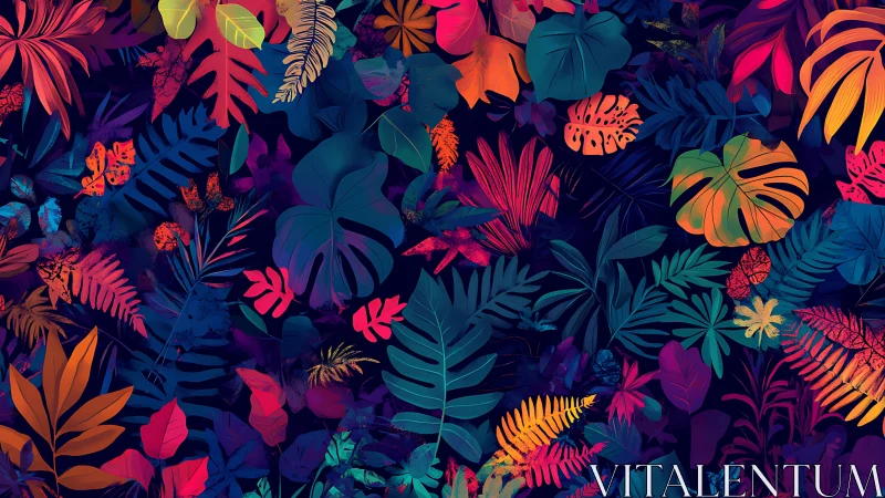 Multicolored tropical foliage pattern on dark background.