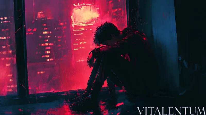 Neon storm at the window, a lone figure folded in shadow.