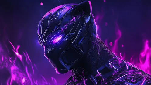 Armored feline-themed figure is rendered in purple lighting