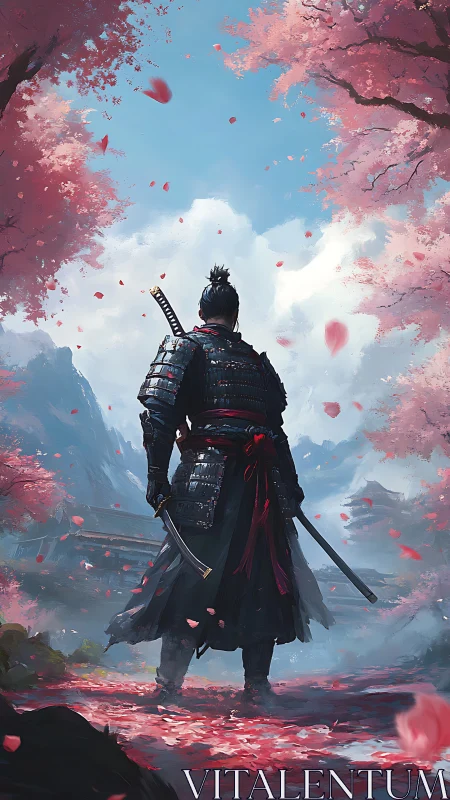 Samurai under sakura canopy in atmospheric digital painting.