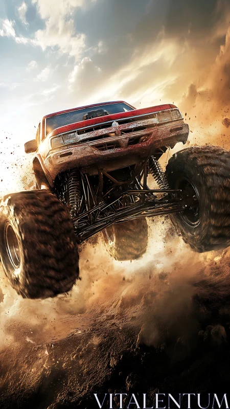 Roaring monster truck leaping through a glowing dust storm.