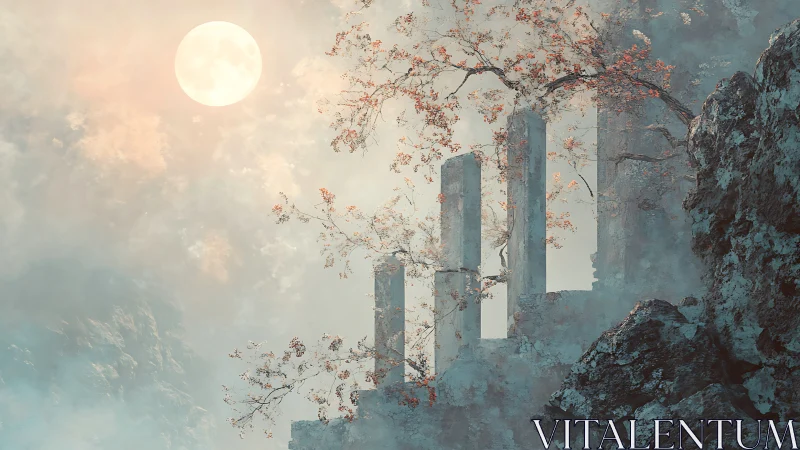 Atmospheric ruins staircase in ethereal moonlit mistscape.