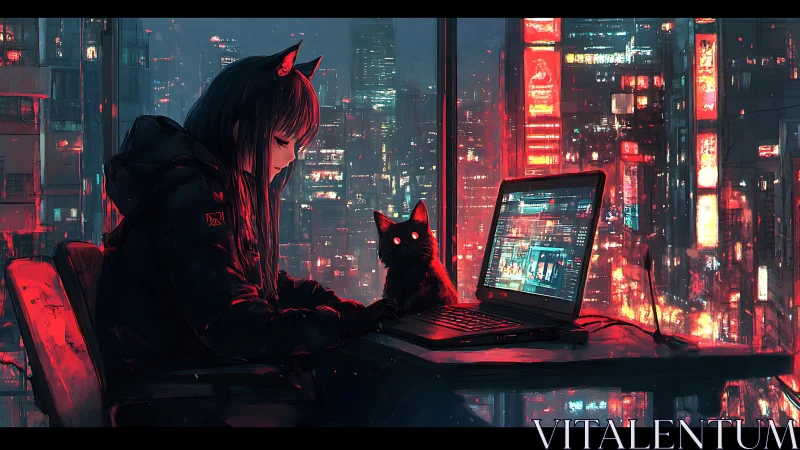Hacker girl and neon city cat share a glowing midnight screen