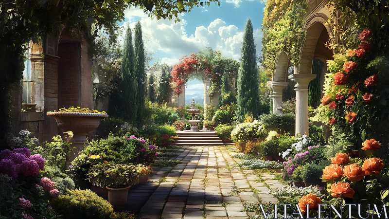 Mediterranean courtyard garden under golden afternoon light.