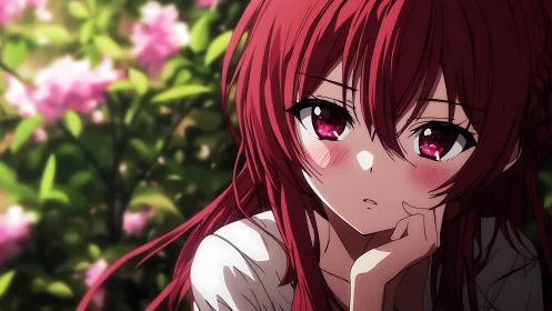 Red-haired anime girl with wistful gaze in soft garden