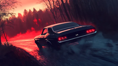 Muscle car drifting through a fiery twilight forest road.